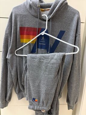 Aviator Nation Gray Hoodie and Matching Sweats with Blue AV and Rainbow Chevron